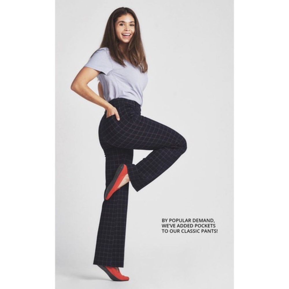 Betabran Large Petite Navy Oxford Check Plaid Pants with Red and white stripe
